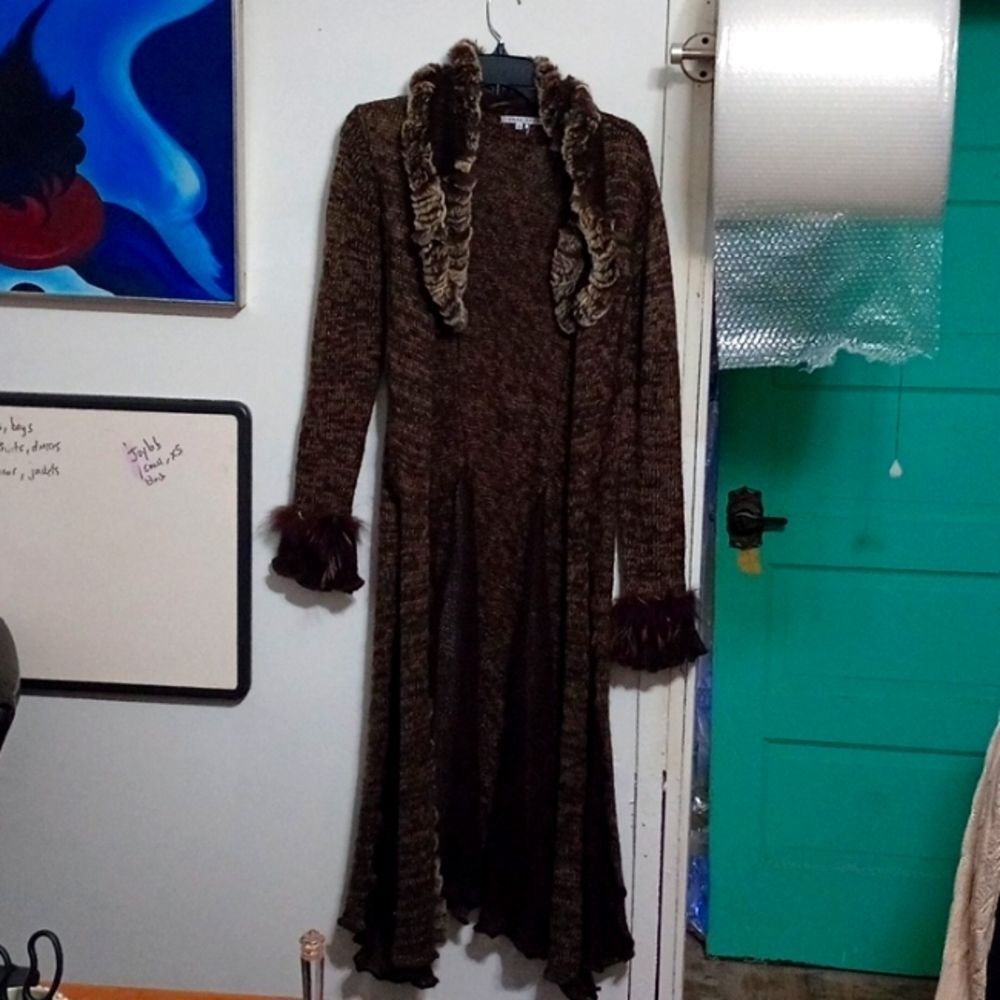Tempo Paris full length sweater coat, fur collar and trim, super soft s/m size